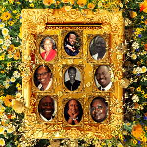 An illustration of a gold picture frame laying atop a field of flowers. The frame contains individual photos of the Mother Emanuel Nine.