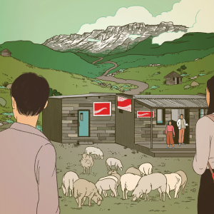 The illustration shows three people approaching a small store at the foot of a mountain, with sheep grazing in front. 