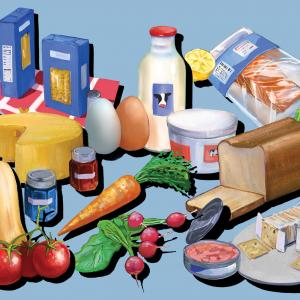 Illustration of groceries, including produce, bread, and dairy products
