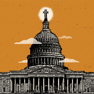 The illustration shows the U.S. capitol building with a cross on the top 