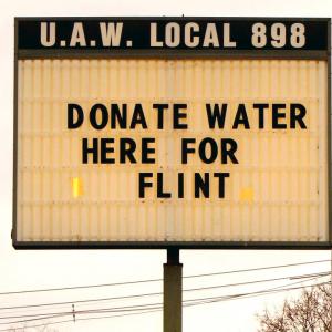 Sign at UAW local asking for donations for Flint, Jan. 27