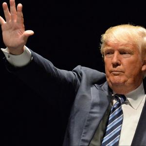 Donald Trump salutes supporters at the Peabody Opera House in Downtown St. Louis in March.