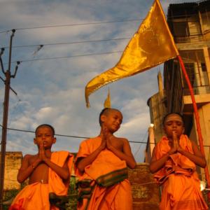 Hindu monks on the banks of the Ganges River on September 17, 2008 in Varanasi, 