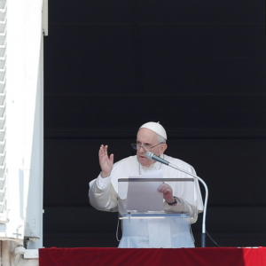 Pope Francis leads prayer from his window at the Vatican on July 18, 2021 following intestinal surgery. REUTERS/Remo Casilli