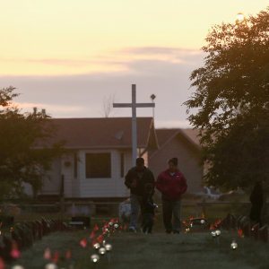 Recently installed solar lights mark burial sites on Cowessess First Nation, where a search had found 751 unmarked graves from the former Marieval Indian Residential School near Grayson, Saskatchewan in Canada on July 6, 2021. REUTERS/Shannon VanRaes
