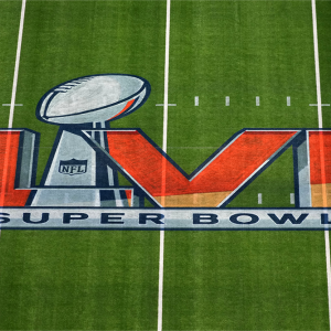 A detailed view of the Super Bowl LVI logo on the field at SoFi Stadium. Kirby Lee-USA TODAY Sports