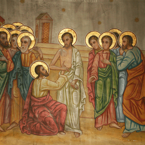 A fresco depicting Jesus appearing to the apostle Thomas, who touches his side.