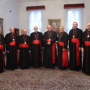 Cardinal Seán O’Malley and fellow cardinals pose for a formal photo. Photo via G