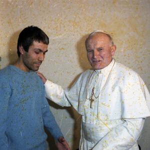 A scan of a negative of Pope John Paul II meeting his would-be assassin, Mehmet 