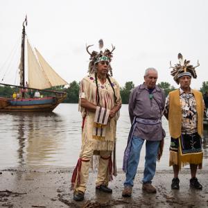 Native leaders stand together at the Hudson river’s edge on Sunday to deliver th