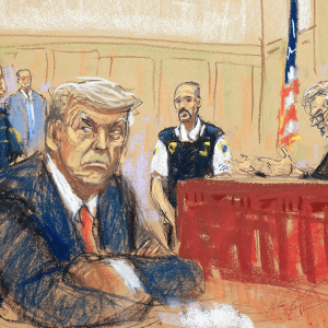 A courtroom sketch shows former President Donald Trump in court for an arraignment in New York City on April 4.
