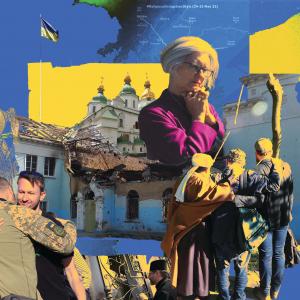 A collage of photographs from the faith delegation in Ukraine. In one corner, a soldier embraces a man. In another, a woman looks into the distance with her hands folded in prayer. In the background are maps of Ukraine.
