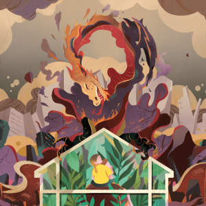 Illustration of a dragon wreaking havoc around a plant-filled house protecting a parent and child