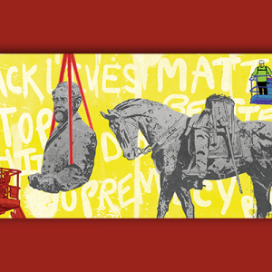 Illustration of a confederate statue being taken apart and lifted.