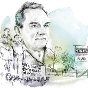 An illustrated headshot of Clarence Jordan with another illustration of him posing with his wife. A protest banner is being lifted up by a group of people next to a sign that says, "Koinonia Farm."
