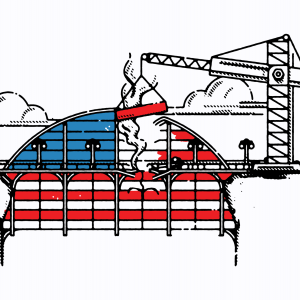 Illustration of a bridge being repaired. The bridge is arched and has the stripes of an American flag.