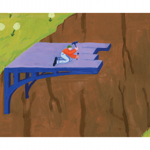 Illustration of two people building a bridge from both sides of a canyon.