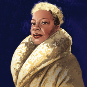 The image is an illustration of the actress Aunjanue Ellis-Taylor, who is a black woman with short blond hair and a large furry coat. 