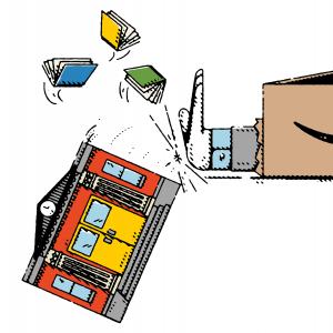 Illustration of a hand sticking out of an Amazon box pushing away a library building with books flying out.