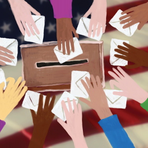The illustration shows lots of arms with different skin tones reaching out to put their envelopes in a ballot box, with an American flag in the background.  