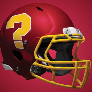 Illustration of a burgundy and gold football helmet with a question mark on the side