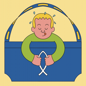 Illustration of blond child leaning his body through an Ikea bag to grip an Ichthys