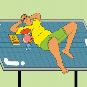 The illustration shows a man lounging on top of a solar panel with a fruity looking cocktail and a book at his side. He is wearing sunglasses. 