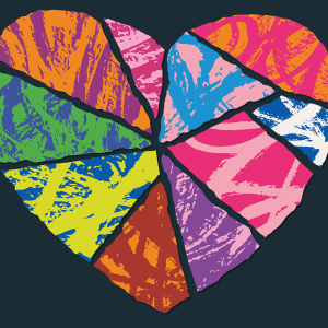 The illustration show a patchwork heart on a dark blue background