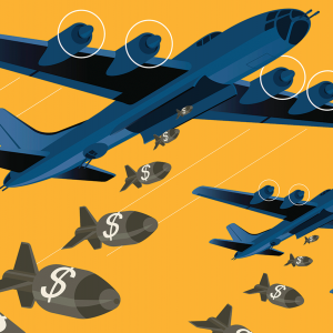 The illustration shows army planes dropping bombs with dollar signs on them. 