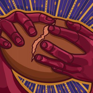 The illustration shows two purplish hands breaking apart a loaf of bread. The background is a purple and yellow burst of lines coming from the center. 