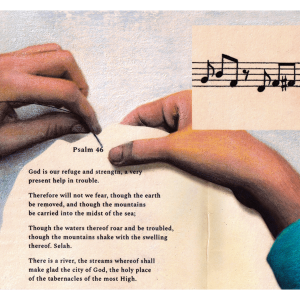 Illustration of a hand holding a needle above Psalm 46; in an inset, a line of sheet music is threaded through the eye of the needle