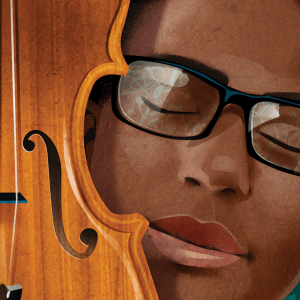 The illustration depicts Elijah McClain, a Black man wearing glasses, next to his violin. His eyes are closed. 