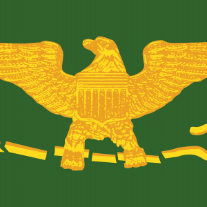 Illustration of a golden American eagle standing above a broken shepherd's crook