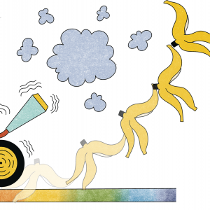 Illustration of a video-game avatar in a kart sliding on a banana peel off Rainbow Road