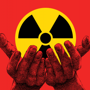 Illustration of hands holding a nuclear radiation symbol as they would a paten