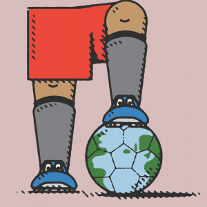 Illustration of a soccer player's foot resting on top of a globe-printed soccer ball