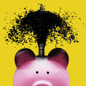 Illustration of a oil spraying from the top of a piggy bank
