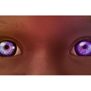 Illustration of two piercing blue-purple child-like eyes