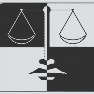 Illustration of justice scales within different squares of a black-and-white checkerboard