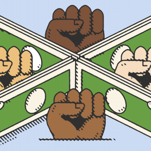 Illustration of fists of different skin colors raised between dollar bills