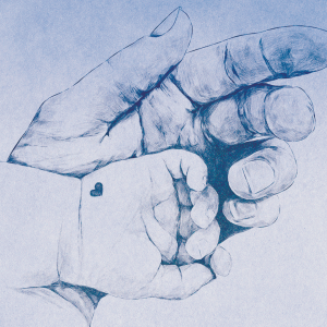 The illustration shows a baby hand on top of a adult hand. The baby hand has a small heart on it. The hands are drawn in blue. Its on a blue background. 