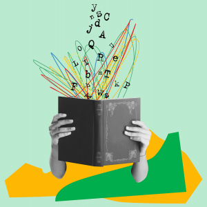 The image shows two hands holding open a book with colorful scribbles and letters coming out of it. 