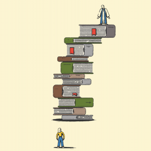 An illustration of a male pastor standing on a tall stack of books, overlooking a female pastor at the bottom.