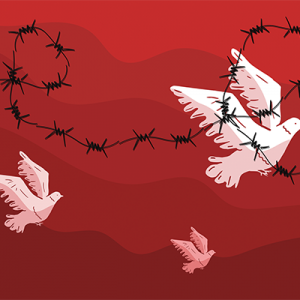 Illustration of three doves flying above a blood-red background with barbed wire.