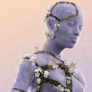 An graphic illustration of human body chest-up that looks like a statue. The statue body has cracks in it, and in the cracks are growing white flowers and moss and green grass.