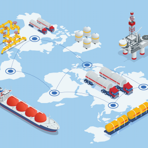 The illustration shows s transportation vessels on a map of the world. 