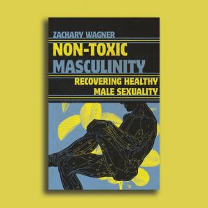 The book ‘Non-Toxic Masculinity’ features a black illustration of a male figure from the side. He's sitting, partly leaning back and lifting up one leg over the other with a hand resting on his knee. Large yellow leaves fall in the blue background.