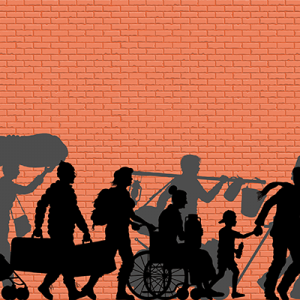 Illustration of shadowed outlines of diverse travelers in front of a red brick wall.