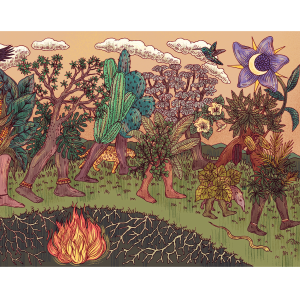 A surrealistic illustration of plants with human legs, dancing in a circle around a fire, birds and flowers above them.