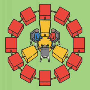 Illustration of connected blocks arranged in a circle that form a negotiating table at the center